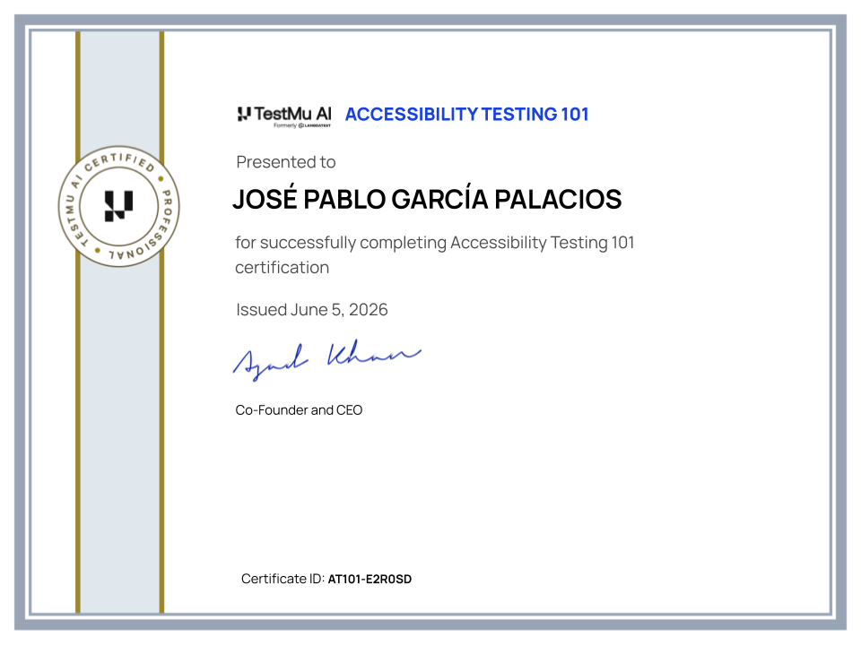 José Pablo García Palacios's Automation Certificate: Accessibility Testing 101
