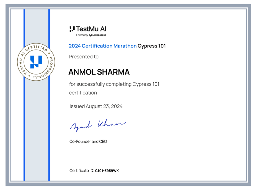 Anmol Sharma's Automation Certificate: Cypress 101