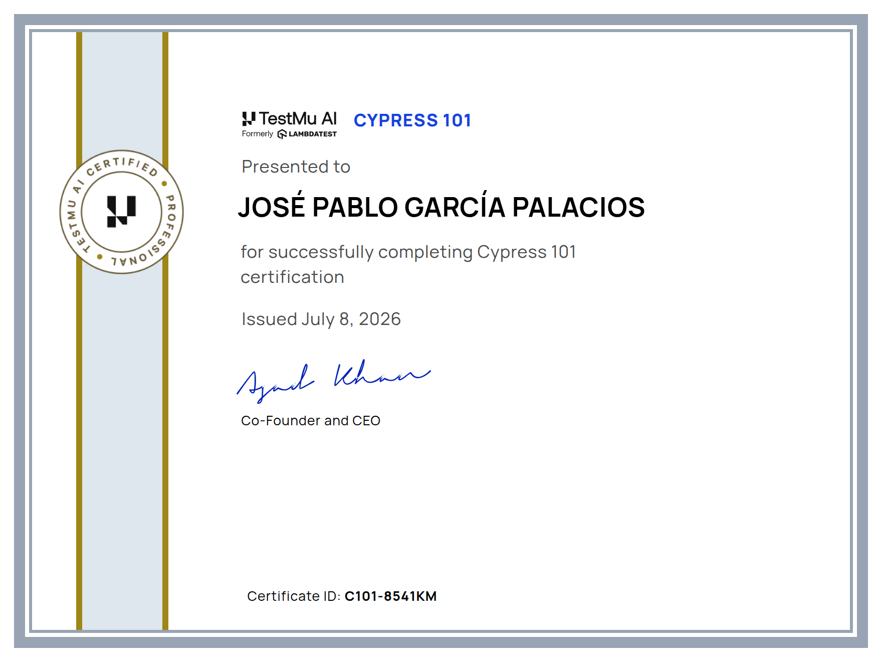 José Pablo García Palacios's Automation Certificate: Cypress 101