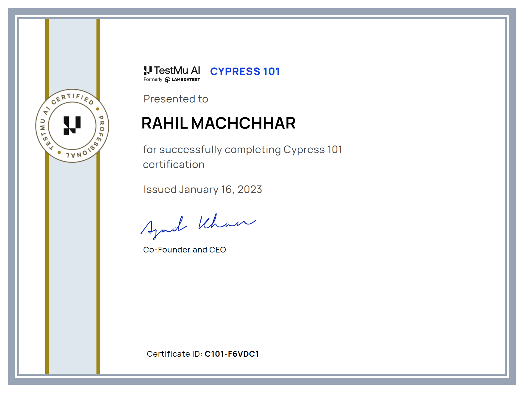 Rahil Machchhar's Automation Certificate: Cypress 101