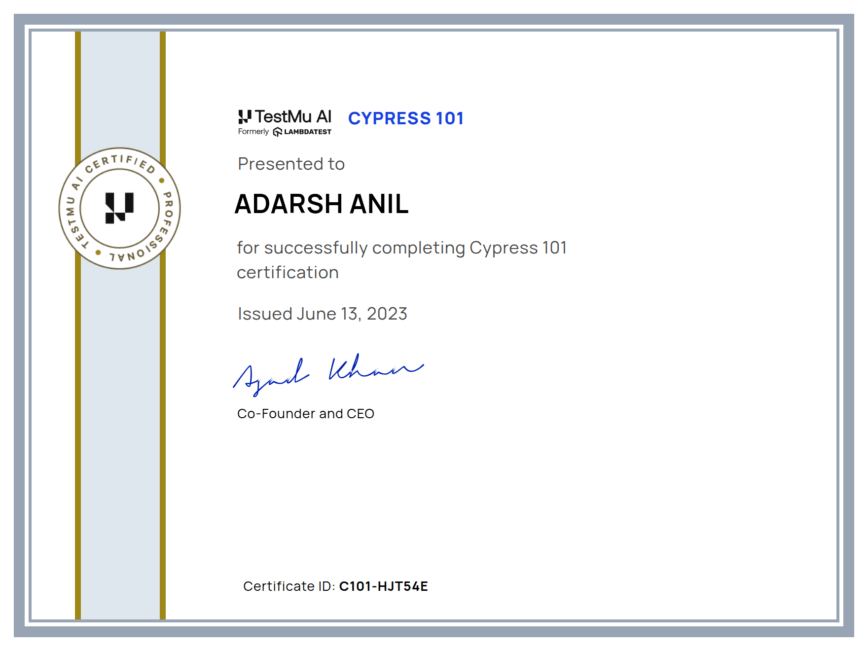 Adarsh Anil's Automation Certificate: Cypress 101
