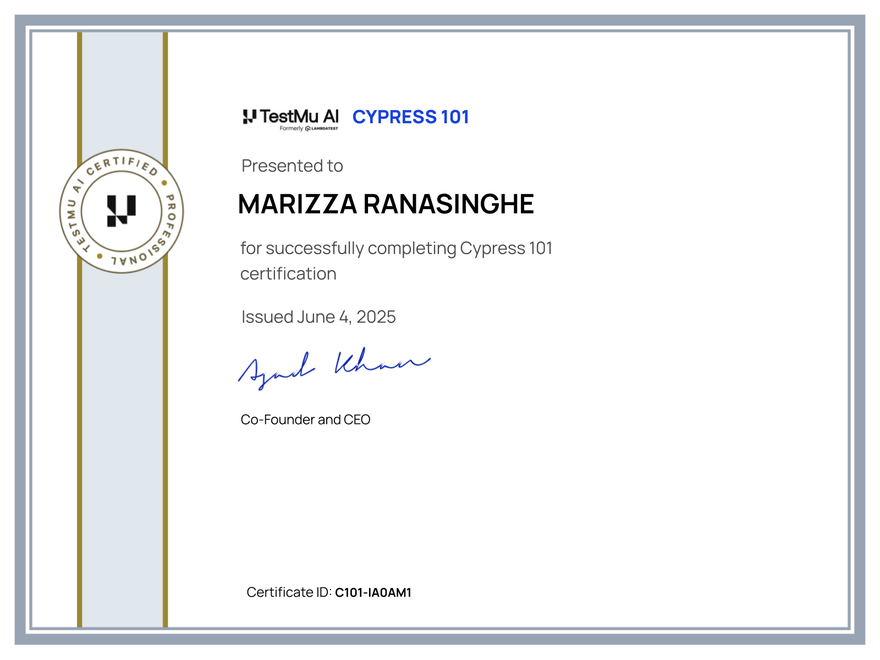 Marizza Ranasinghe's Automation Certificate: Cypress 101
