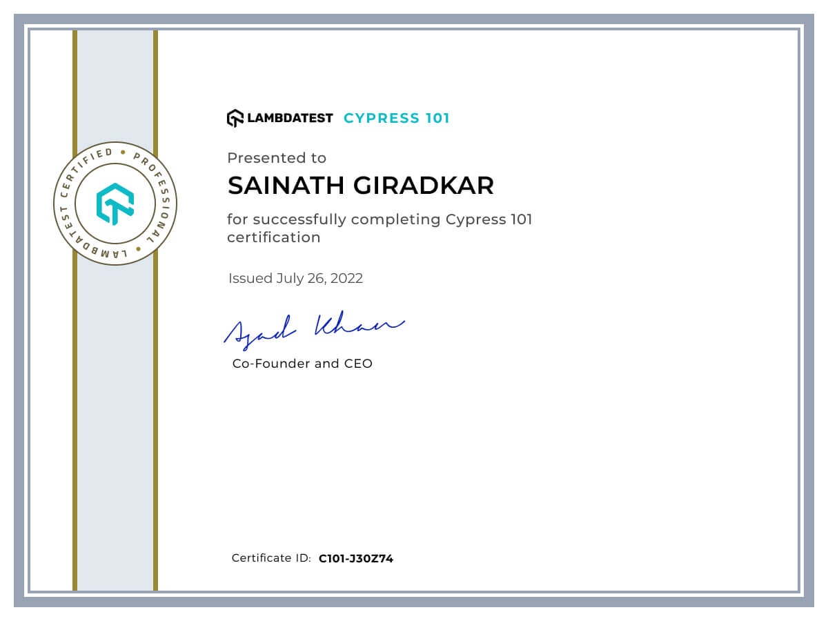 Sainath Giradkar's Automation Certificate: Cypress 101