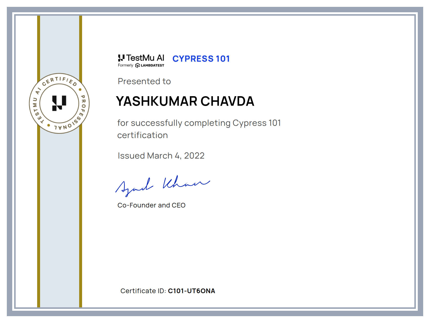 Yashkumar Chavda's Automation Certificate: Cypress 101