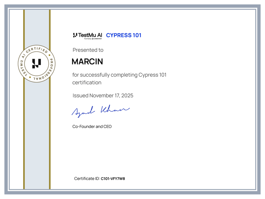 Marcin's Automation Certificate: Cypress 101
