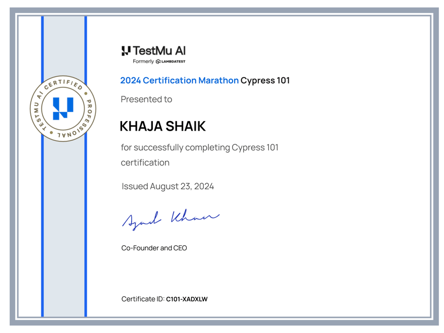 Khaja Shaik's Automation Certificate: Cypress 101