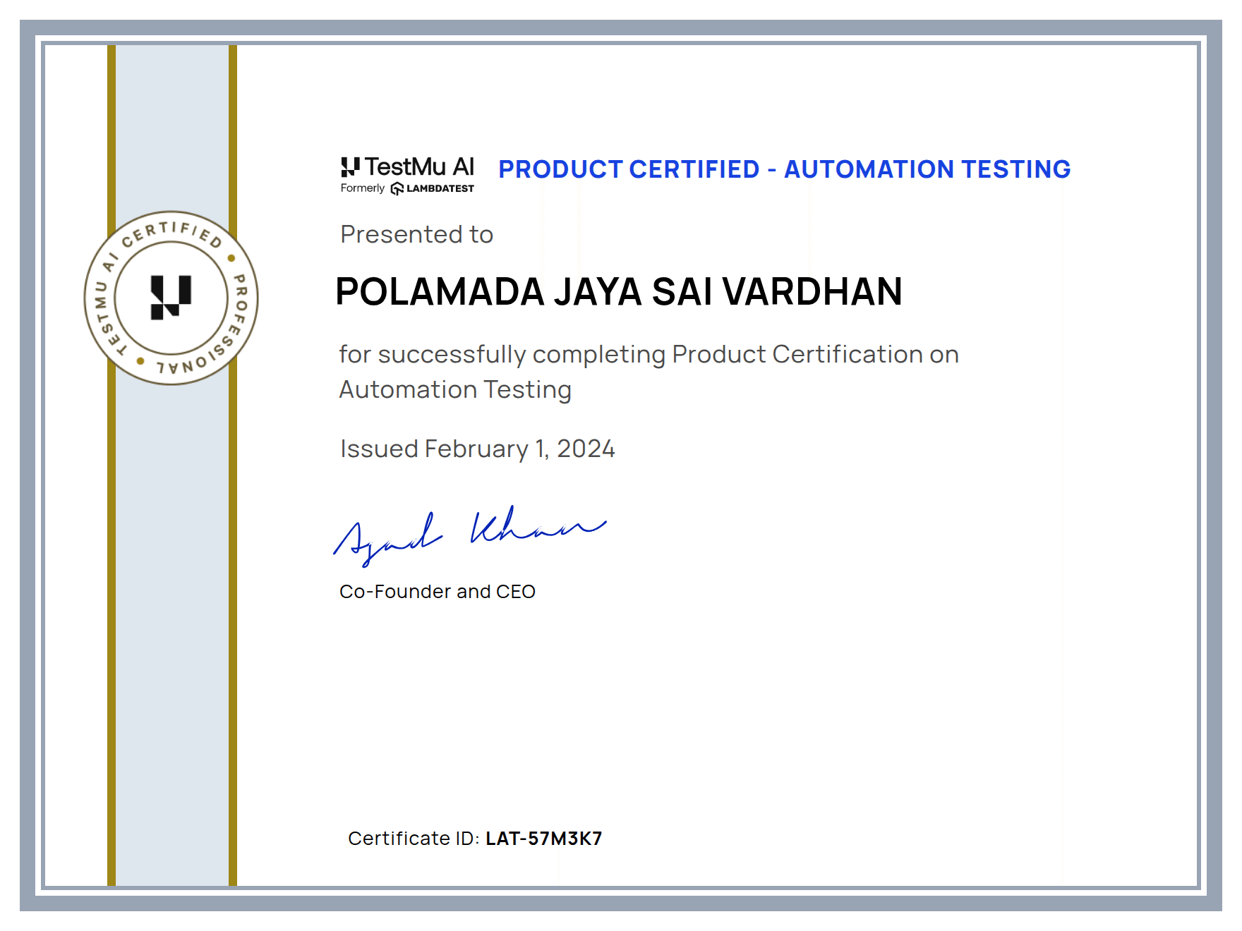 Polamada Jaya Sai Vardhan's Certificate: Automation Testing