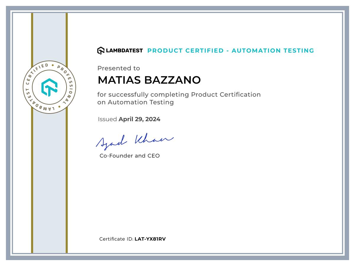 Matias Bazzano's Certificate: Automation Testing