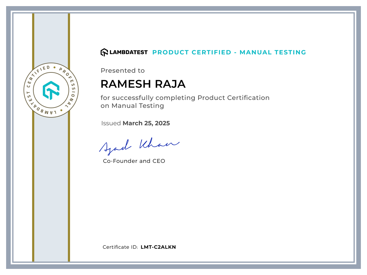 Ramesh Raja's Certificate: Manual Testing