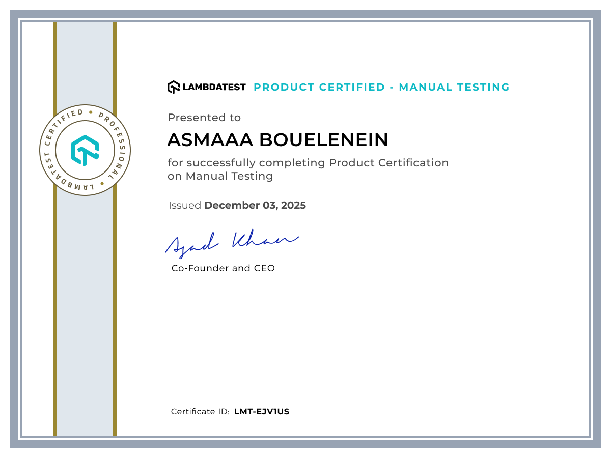 Asmaaa Bouelenein's Certificate: Manual Testing