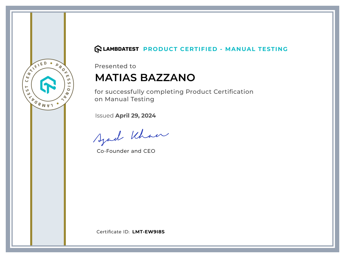 Matias Bazzano's Certificate: Manual Testing