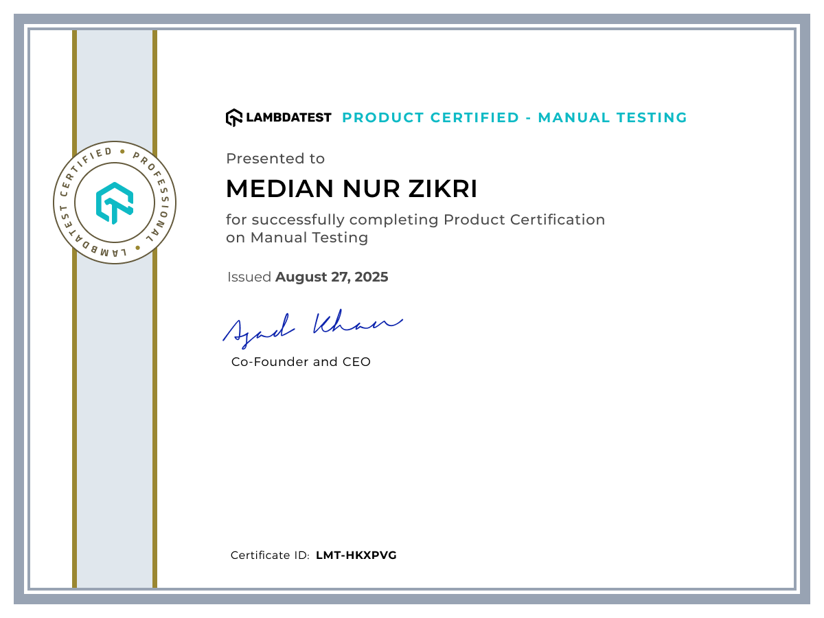 Median Nur Zikri's Certificate: Manual Testing