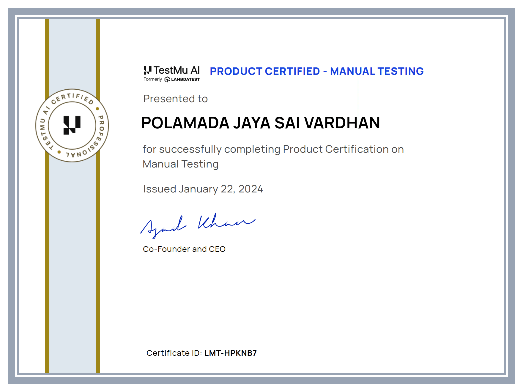 Polamada Jaya Sai Vardhan's Certificate: Manual Testing