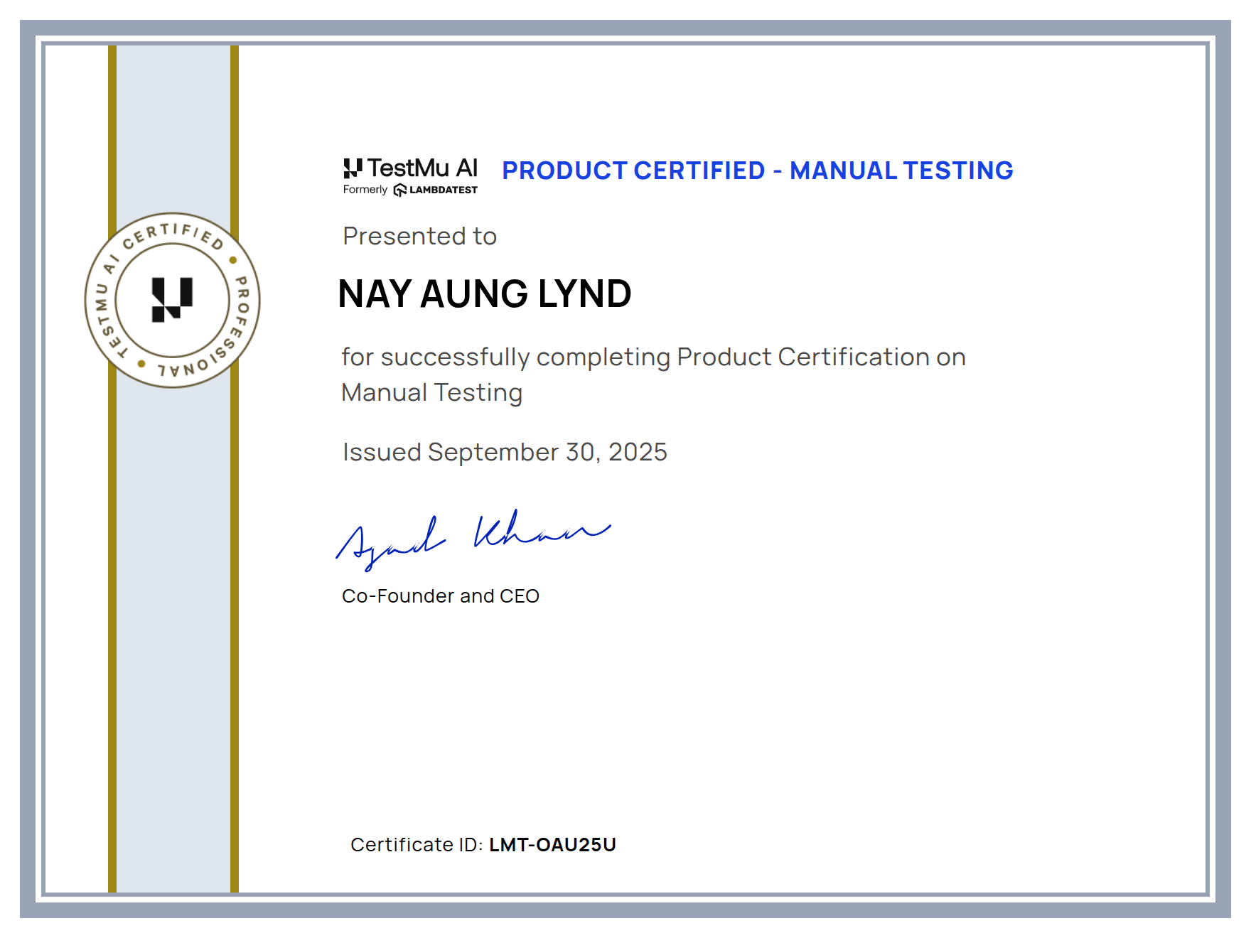 Nay Aung Lynd's Certificate: Manual Testing