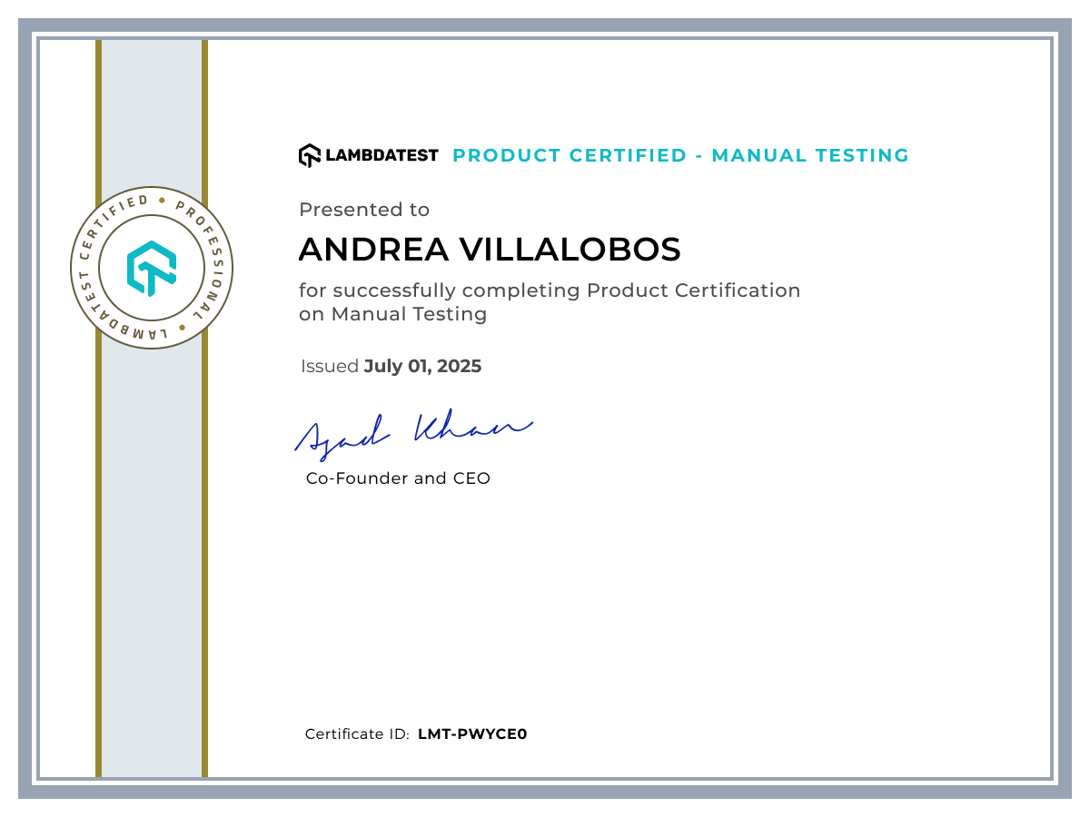 Andrea Villalobos's Certificate: Manual Testing
