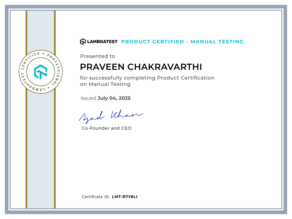 Praveen Chakravarthi's Certificate: Manual Testing