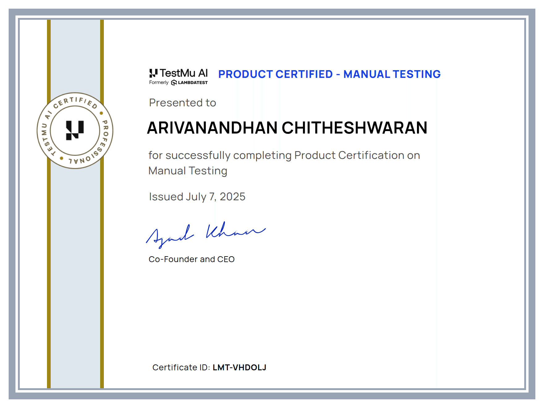 Arivanandhan Chitheshwaran's Certificate: Manual Testing