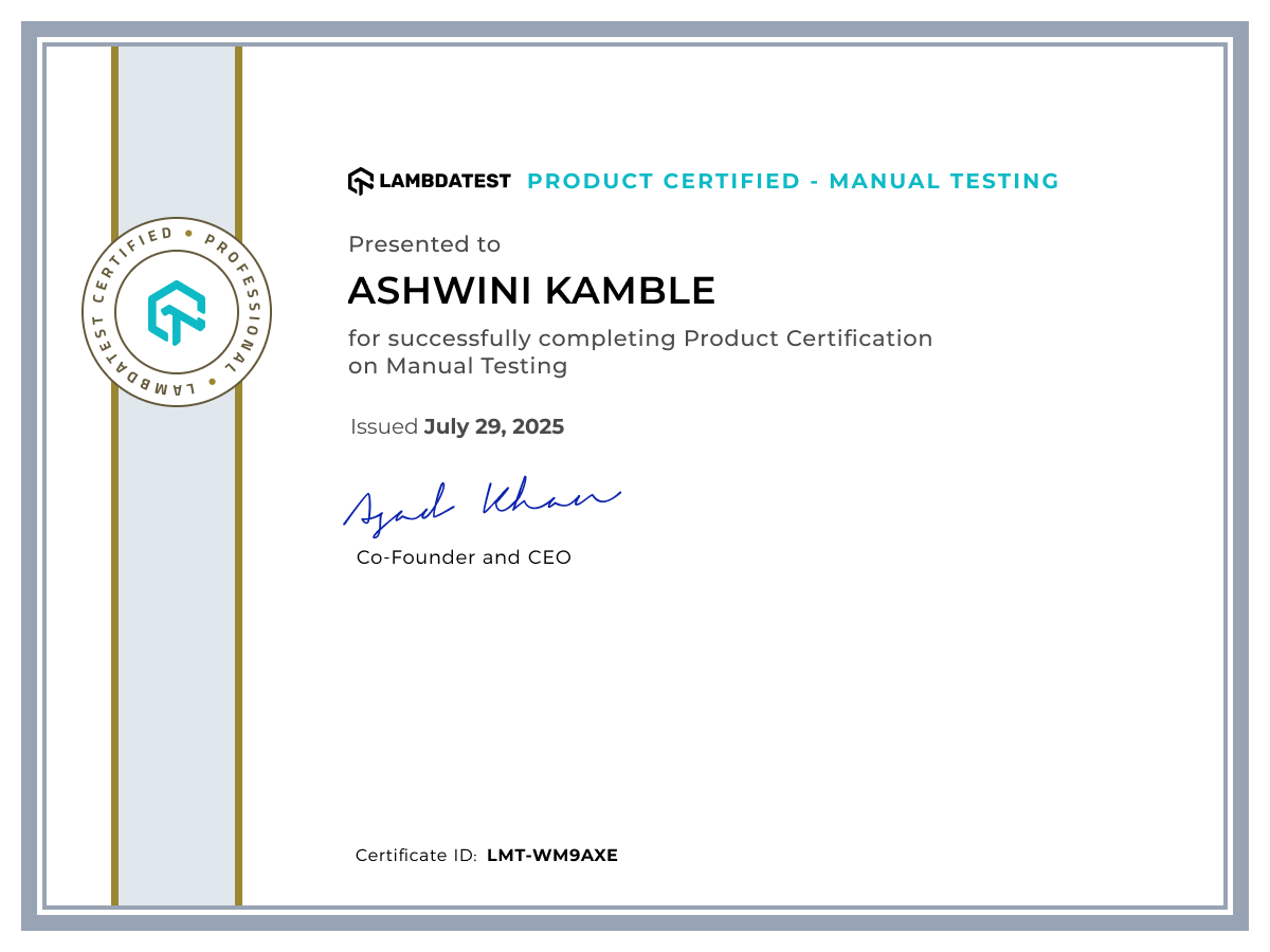 Ashwini Kamble's Certificate: Manual Testing