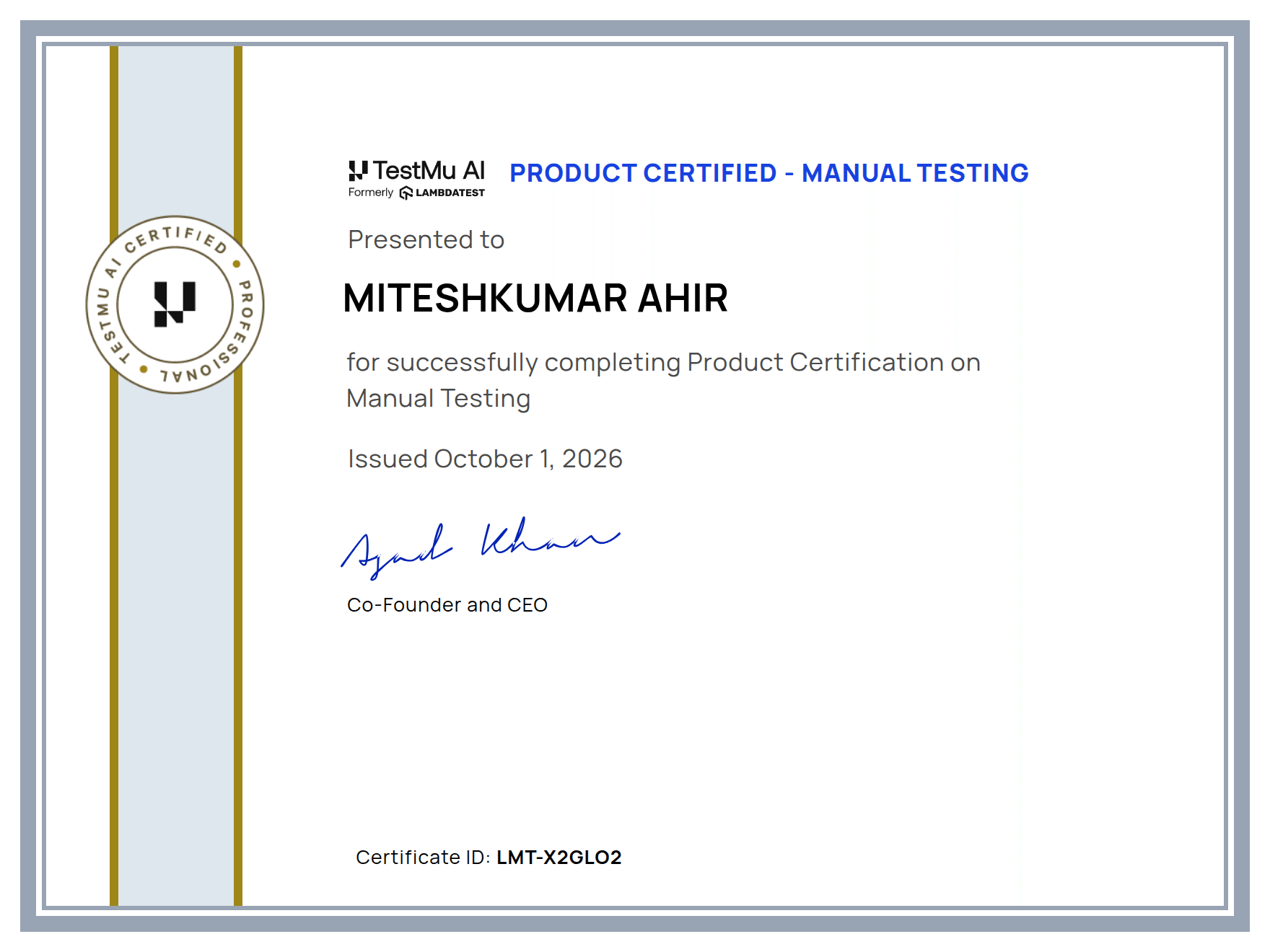 Miteshkumar Ahir's Certificate: Manual Testing