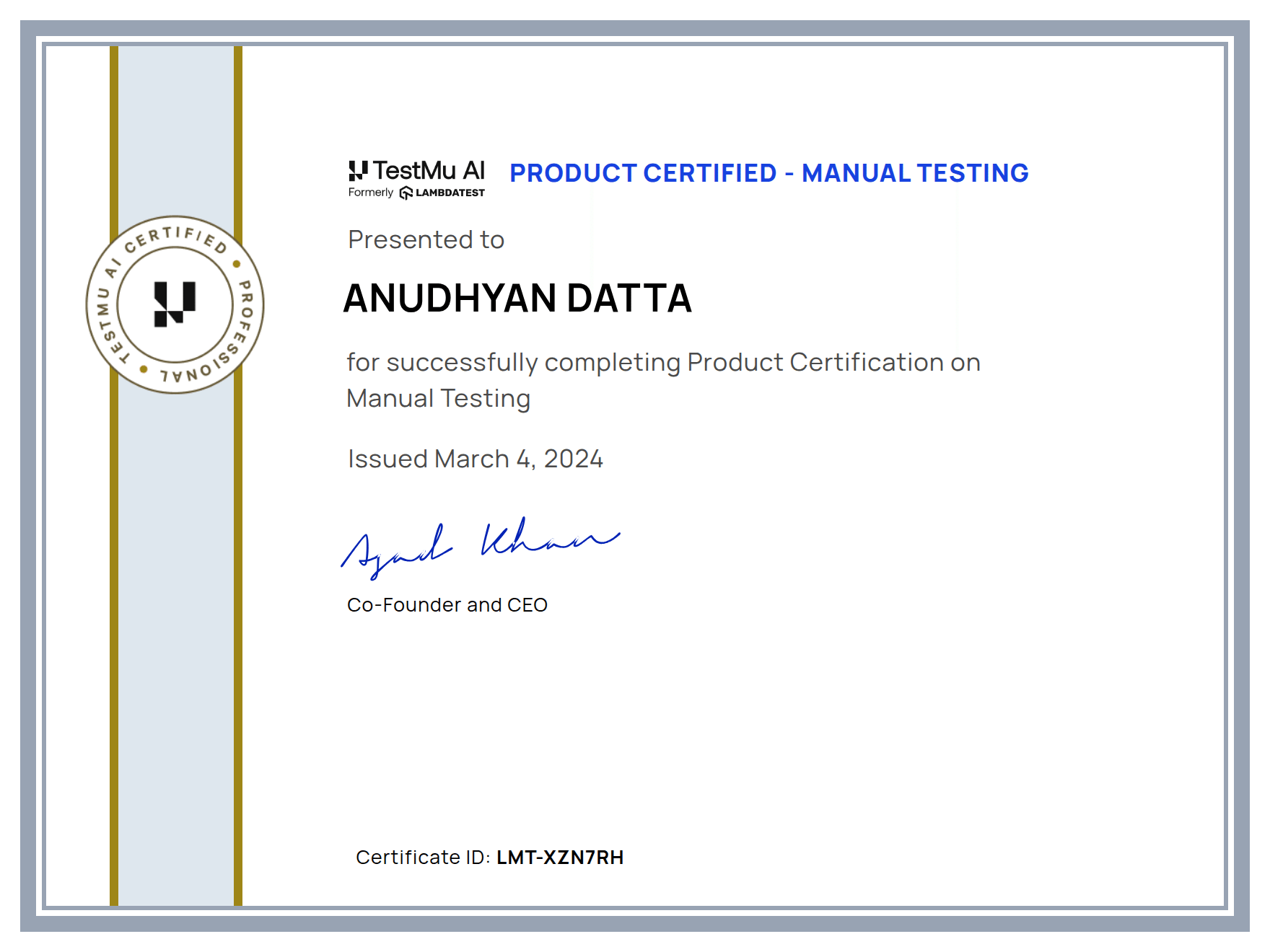 Anudhyan Datta's Certificate: Manual Testing