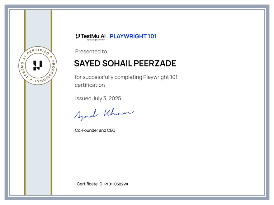 Sayed Sohail Peerzade's Automation Certificate: Playwright 101