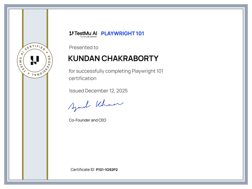 Kundan Chakraborty's Automation Certificate: Playwright 101
