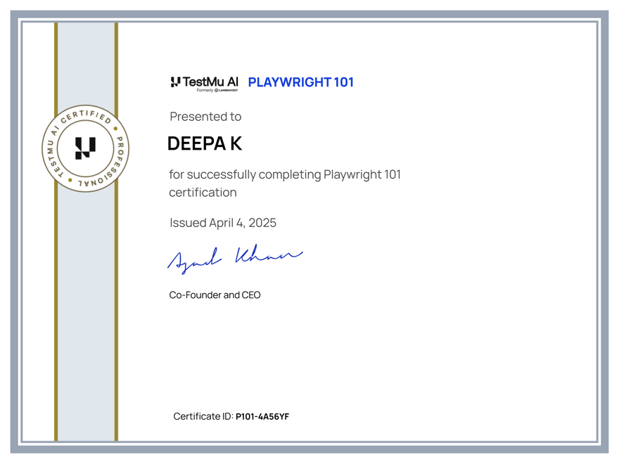 Deepa K's Automation Certificate: Playwright 101