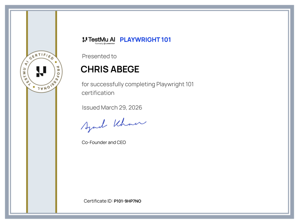 Chris Abege's Automation Certificate: Playwright 101