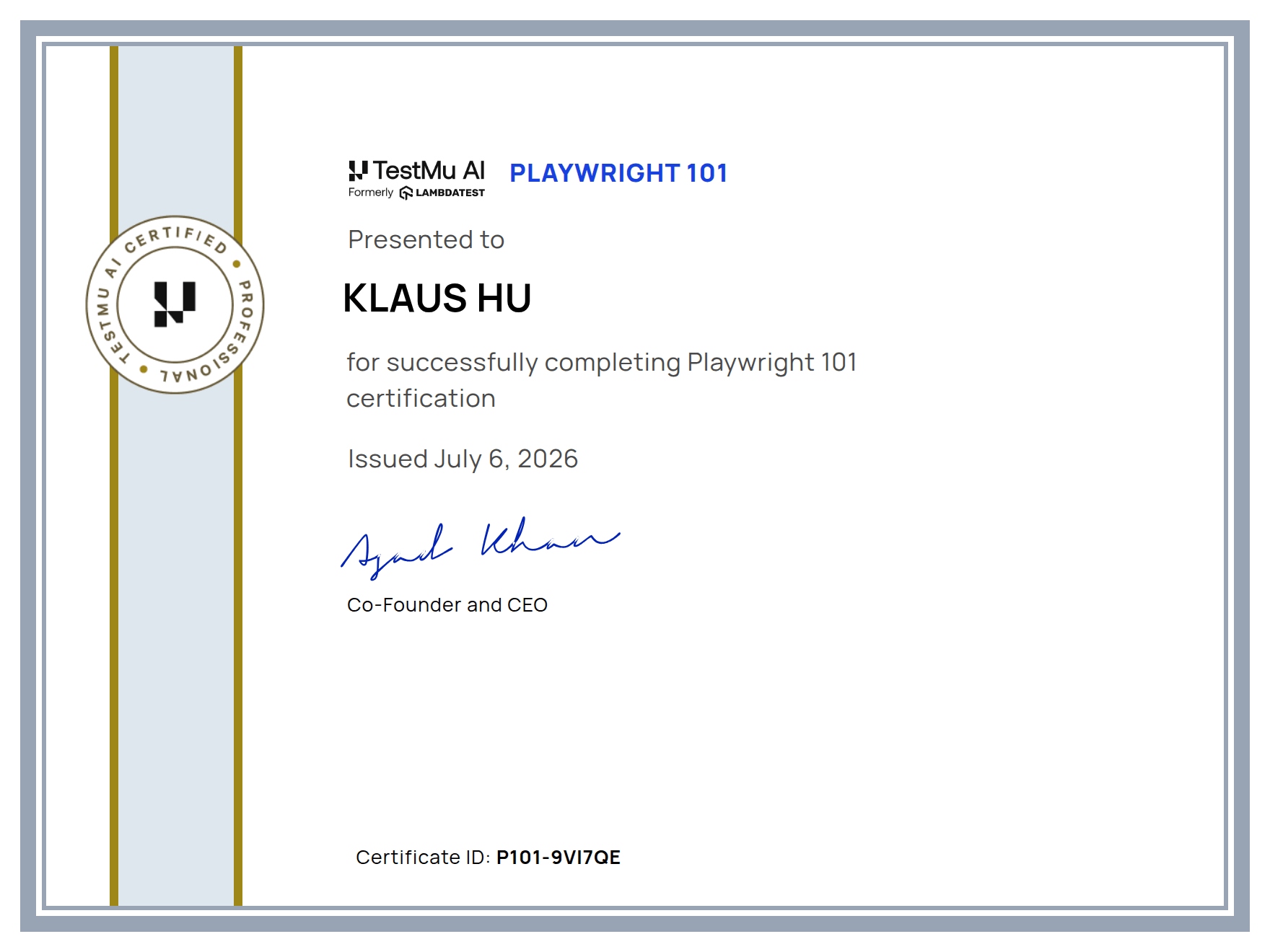 Klaus Hu's Automation Certificate: Playwright 101
