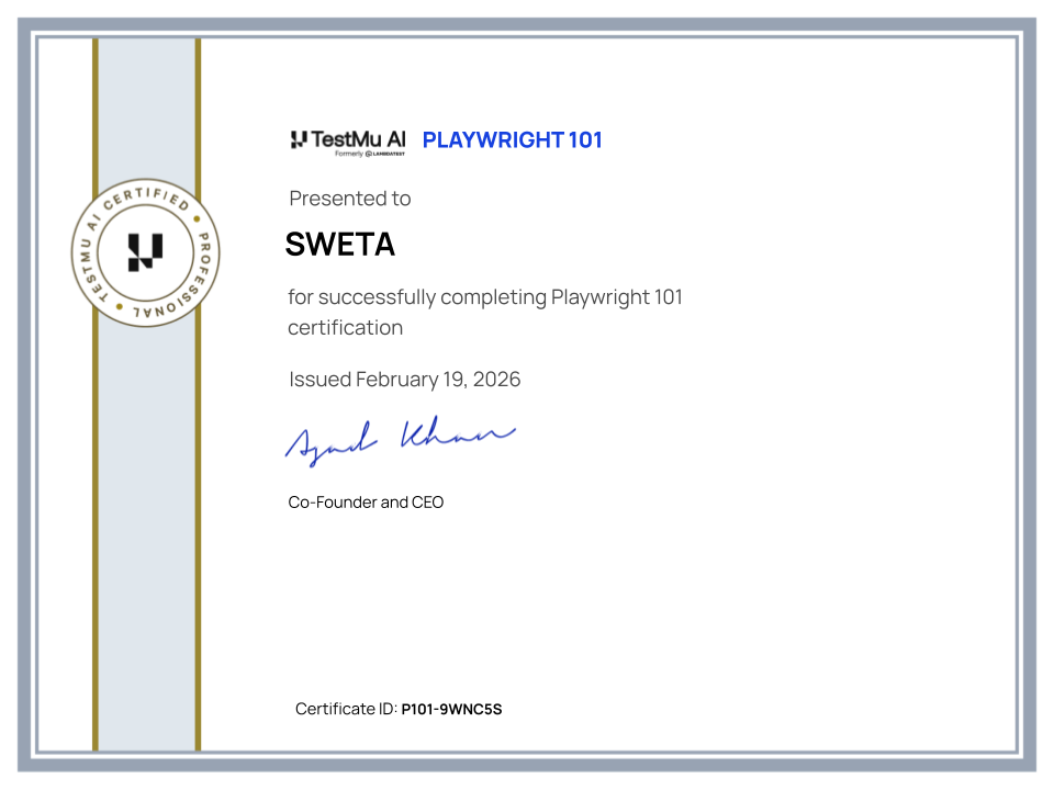Sweta's Automation Certificate: Playwright 101