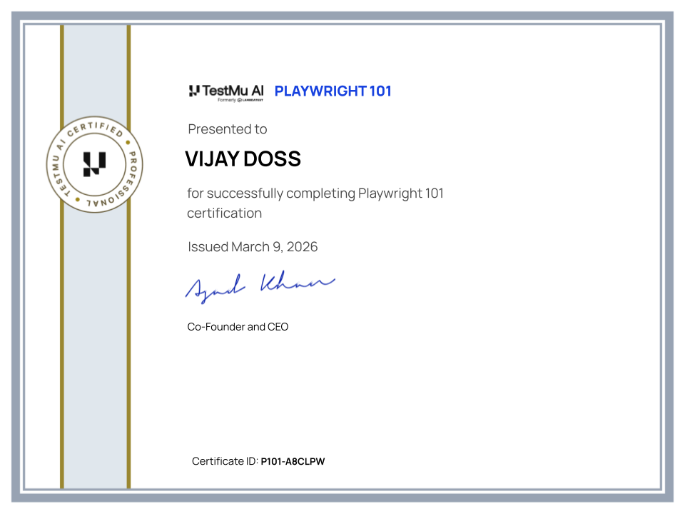 Vijay Doss's Automation Certificate: Playwright 101