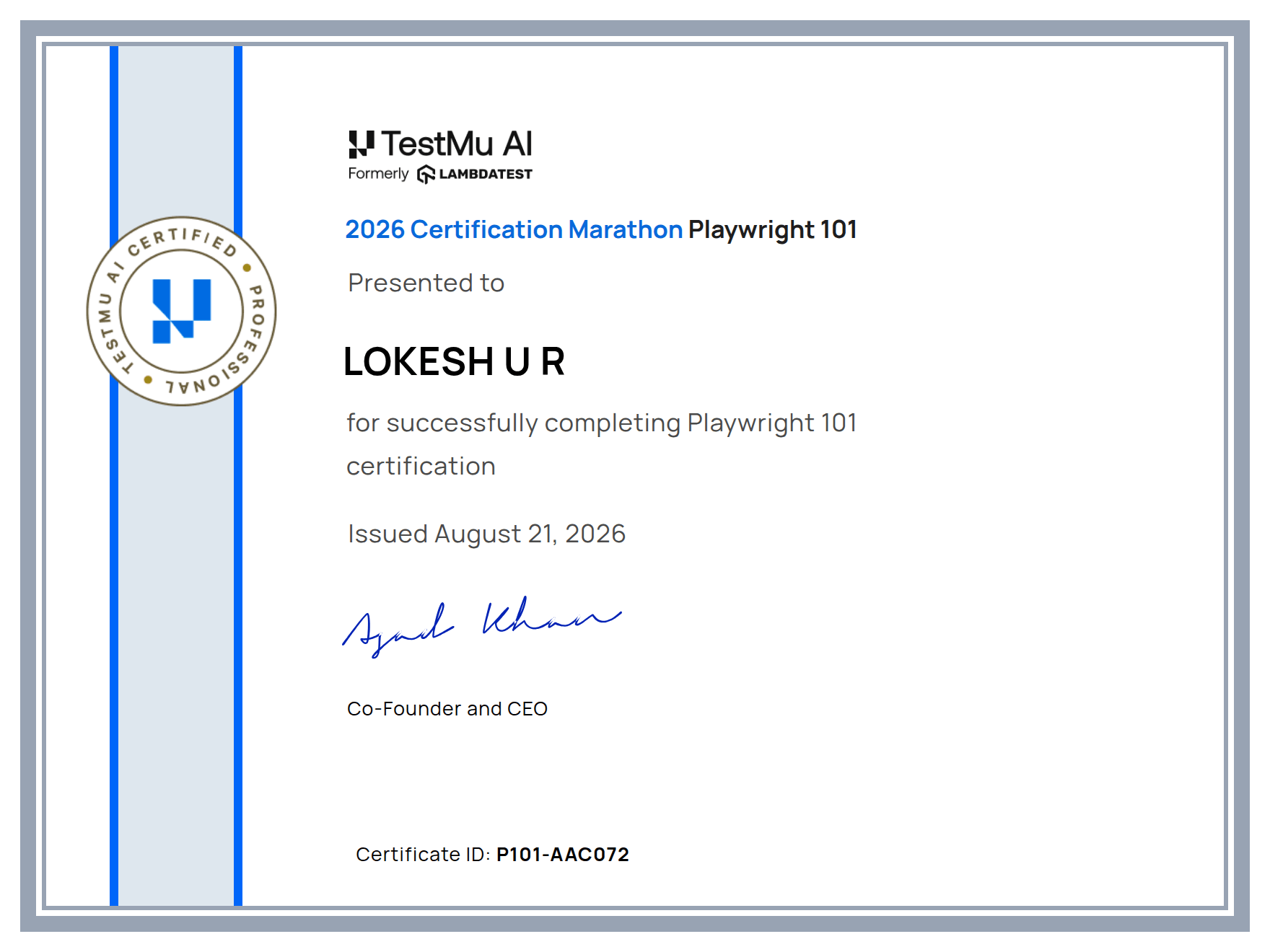 Lokesh U R's Automation Certificate: Playwright 101