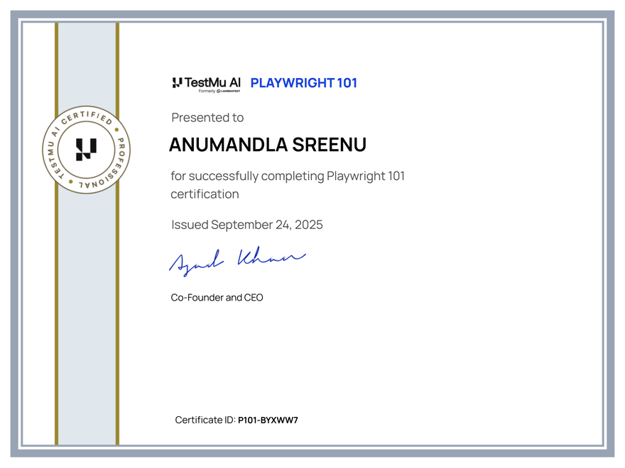 Anumandla Sreenu's Automation Certificate: Playwright 101