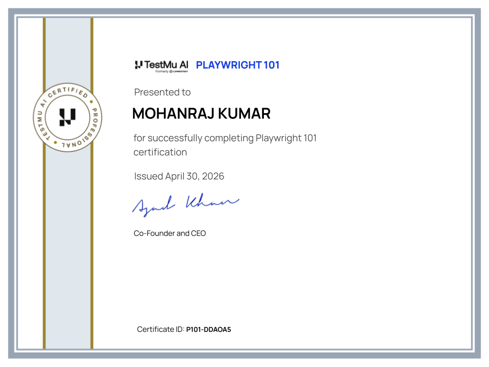 Mohanraj Kumar's Automation Certificate: Playwright 101