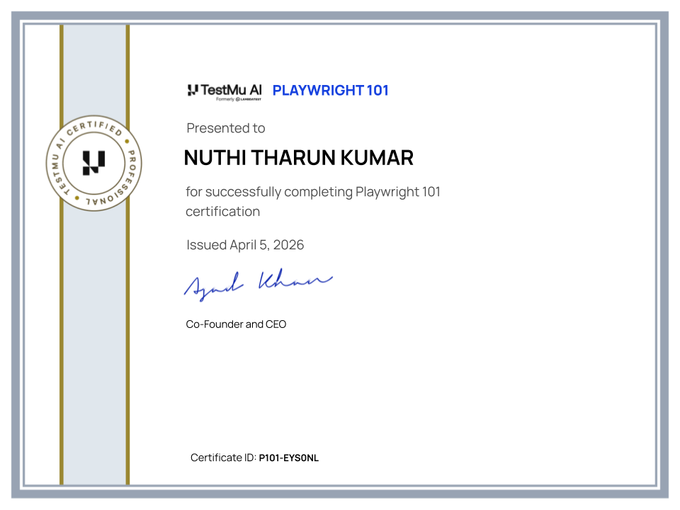 Nuthi Tharun Kumar's Automation Certificate: Playwright 101