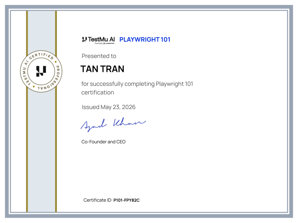 Tan Tran's Automation Certificate: Playwright 101