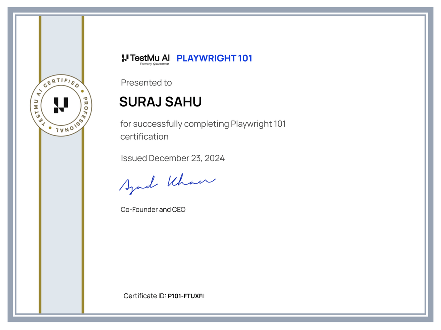 Suraj Sahu's Automation Certificate: Playwright 101