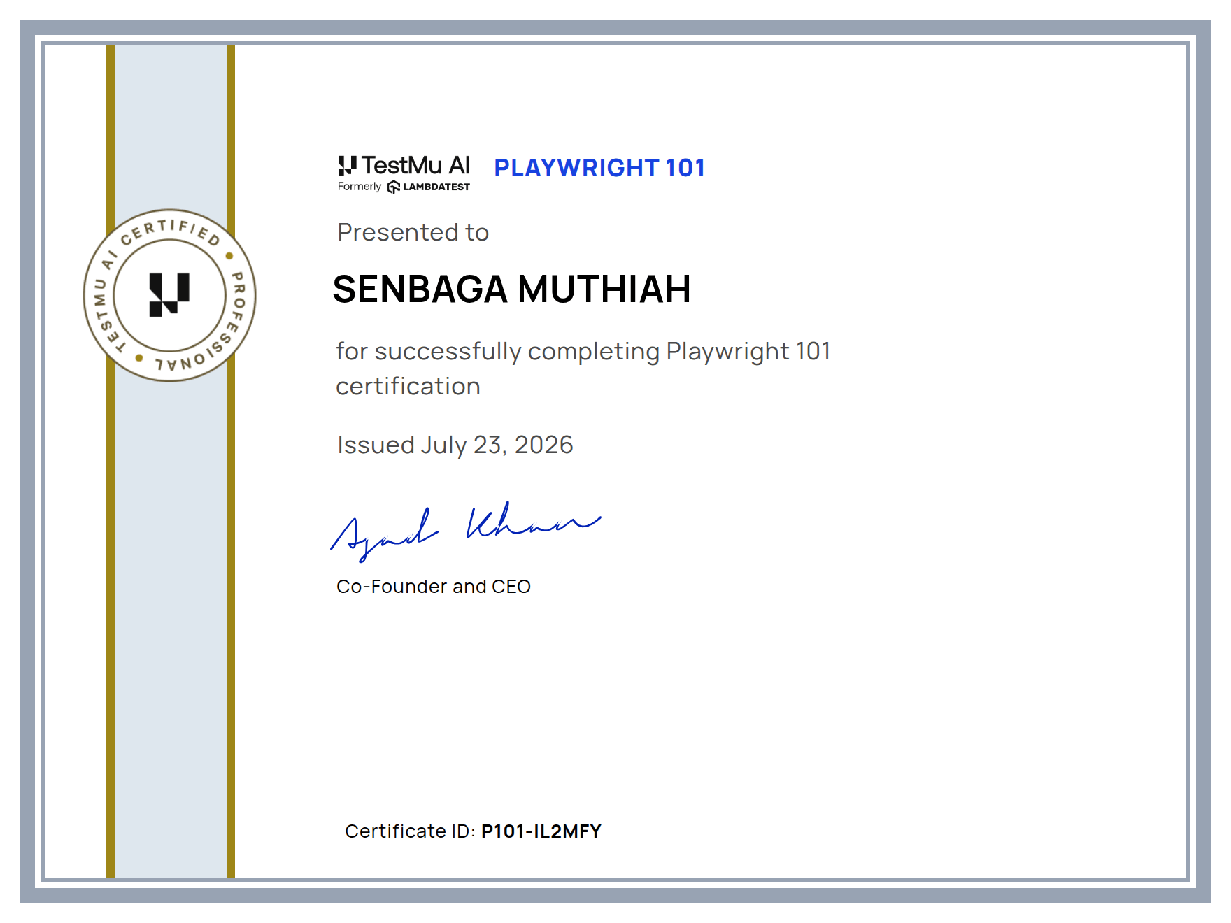 Senbaga Muthiah's Automation Certificate: Playwright 101