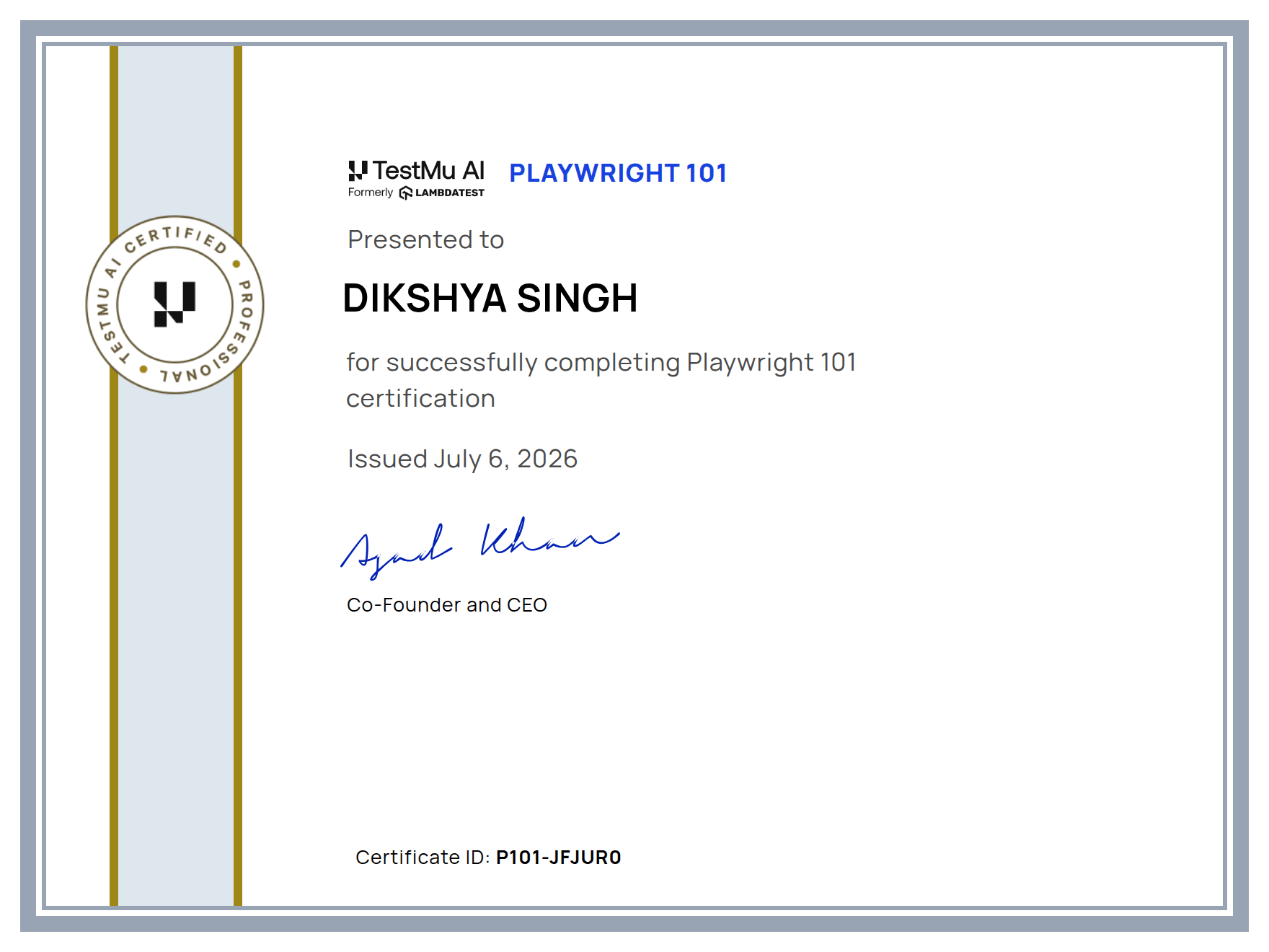 Dikshya Singh's Automation Certificate: Playwright 101