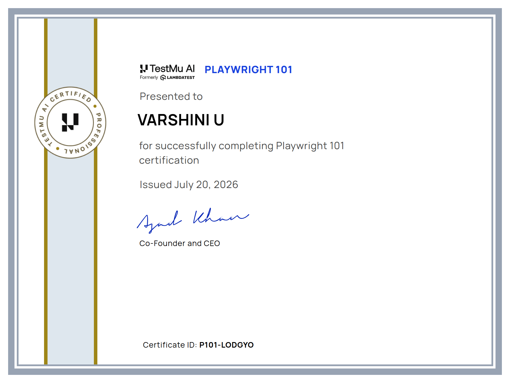 Varshini U's Automation Certificate: Playwright 101