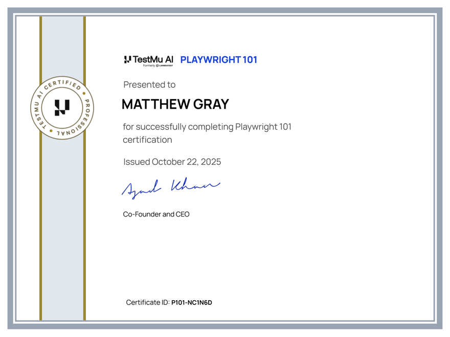 Matthew Gray's Automation Certificate: Playwright 101