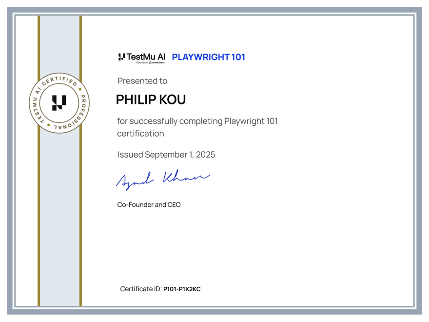 Philip Kou's Automation Certificate: Playwright 101