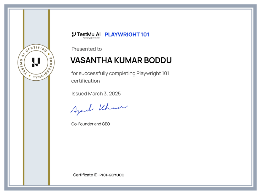 Vasantha Kumar Boddu's Automation Certificate: Playwright 101