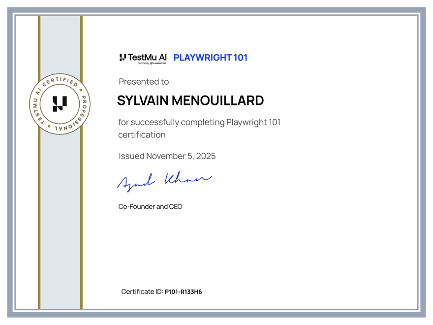 Sylvain Menouillard's Automation Certificate: Playwright 101