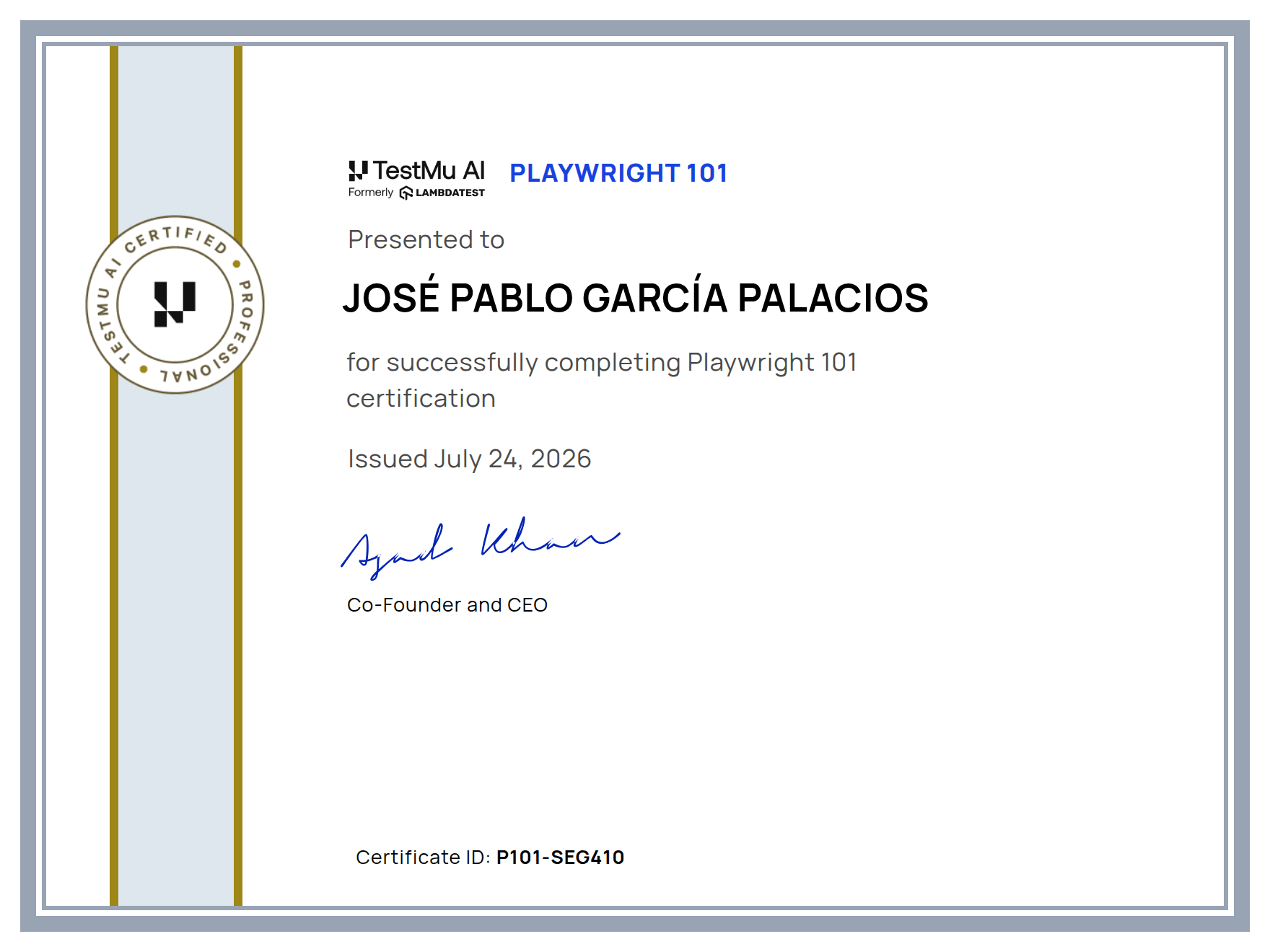 José Pablo García Palacios's Automation Certificate: Playwright 101