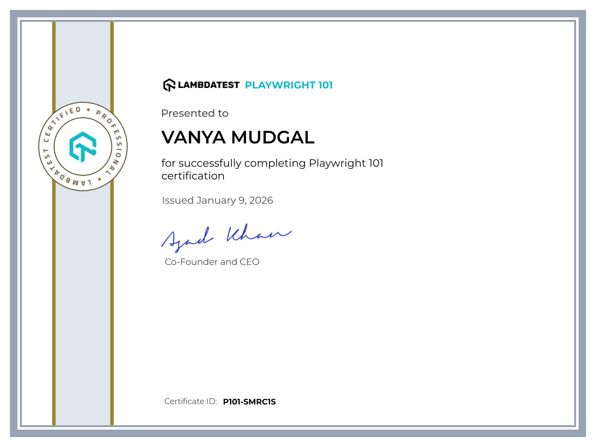 Vanya Mudgal's Automation Certificate: Playwright 101