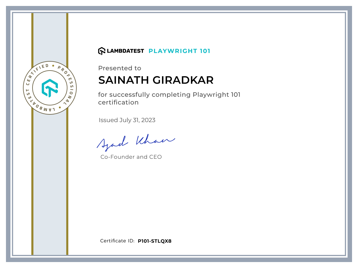 Sainath Giradkar's Automation Certificate: Playwright 101