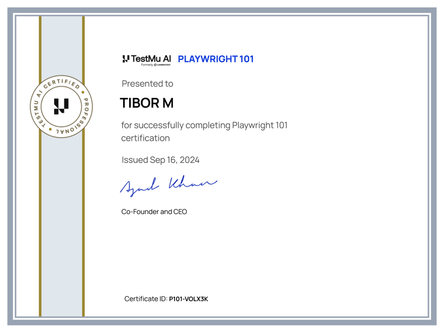 Tibor M's Automation Certificate: Playwright 101