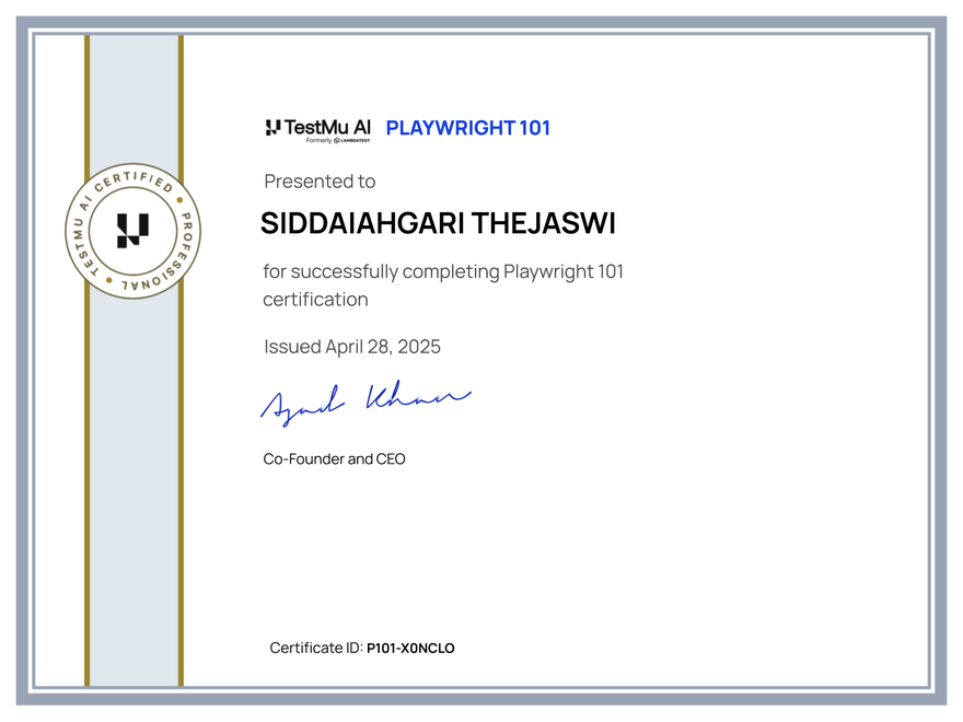 Siddaiahgari Thejaswi's Automation Certificate: Playwright 101