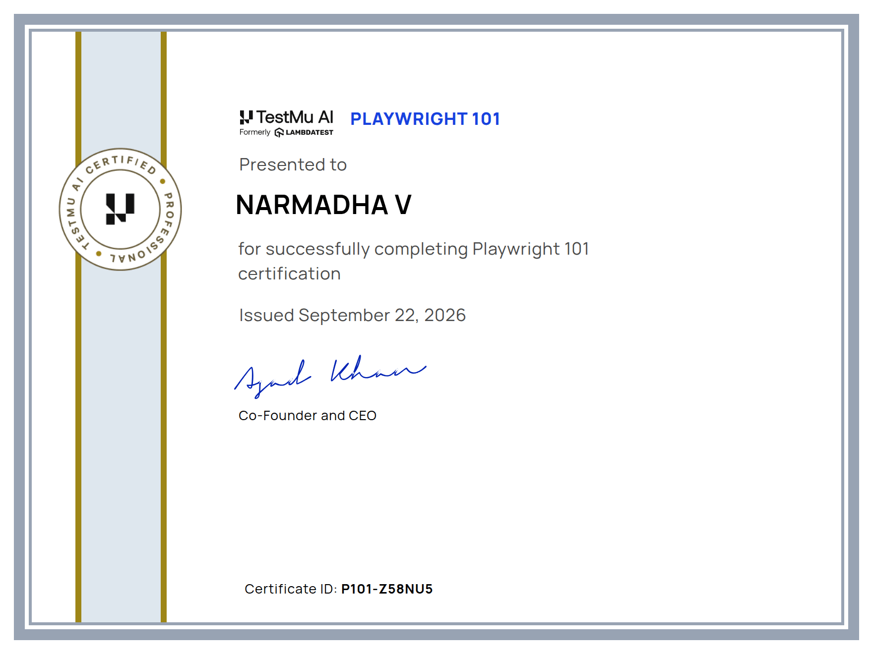 Narmadha V's Automation Certificate: Playwright 101